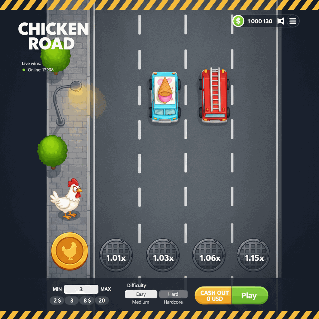 Schermata di gioco di Chicken Road con una gallina bianca che attraversa una strada multi-corsia vista dall'alto, con indicatori di moltiplicatore su ogni corsia e veicoli in movimento che rappresentano il rischio, sviluppato dal provider InOut
